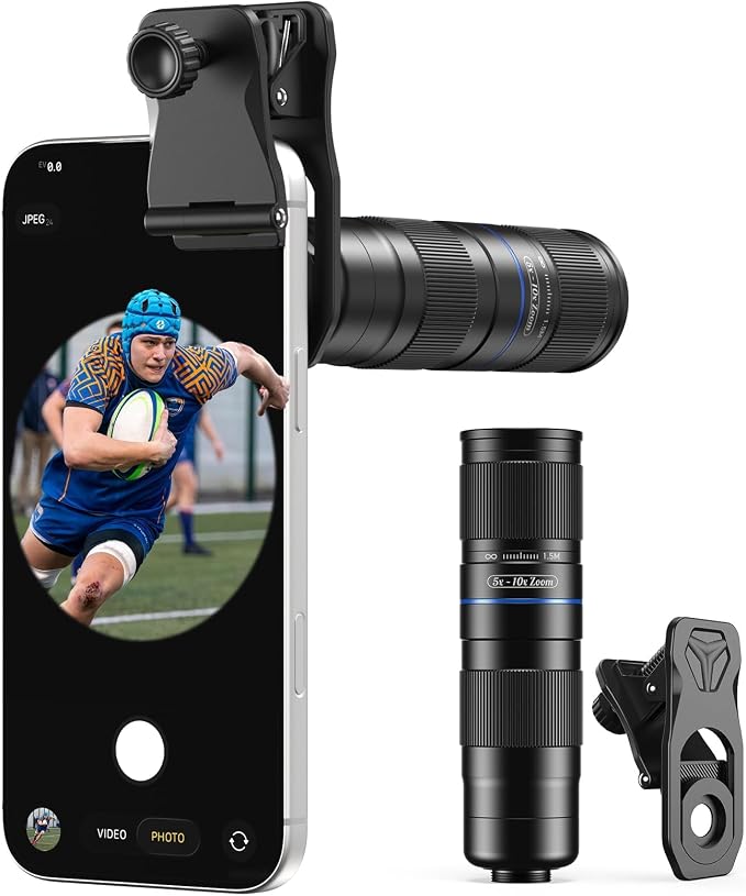 APEXEL 5-10X Telephoto Zoom Lens for iPhone & Android | Aviation Aluminum Body, Universal Clip-On, Optical Magnification | for Travel, Sports, Concerts, and Everyday Photography by Apexel
