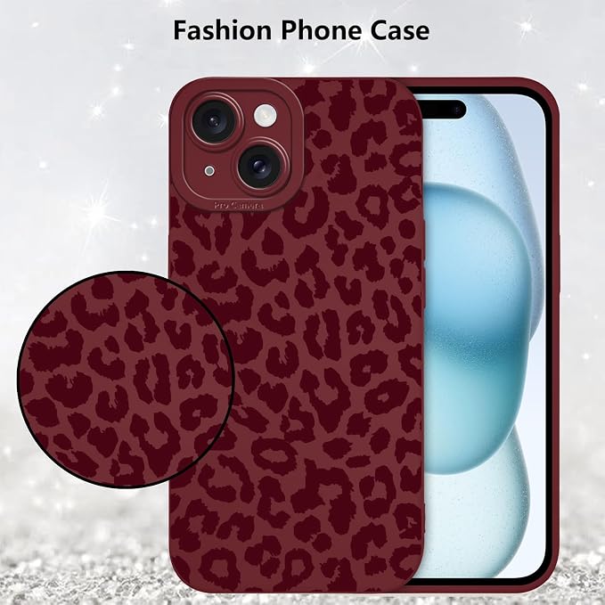 Cute Burgundy Cheetah Print Phone Case for iPhone 15 6.1" | Aesthetic Leopard Pattern Design Cover Full Camera Lens Protective Shockproof Soft Slim TPU Funda for Women Girls - Image 6