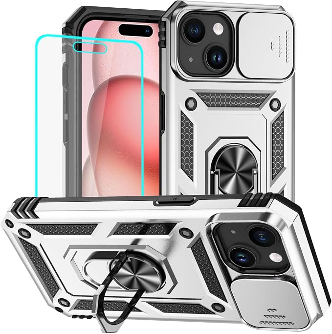 HNHYGETE for iPhone 15 Case with HD Screen Protector: [Military Grade 20ft. Drop Tested] Ring Shockproof Protective Phone Case for - iPhone 15 Silver by HNHYGETE