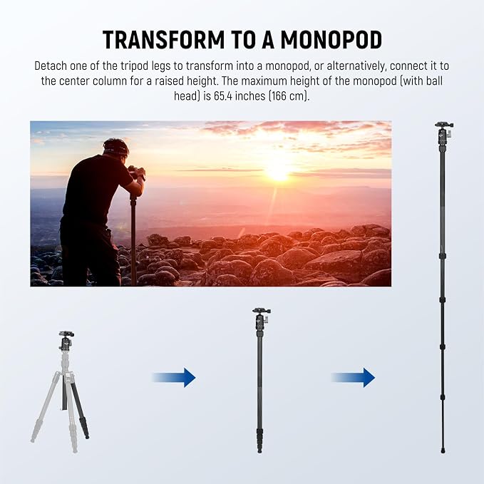 NEEWER Carbon Fiber Camera Tripod Monopod, 65" Lightweight Compact Portable Travel DSLR Video Stand, 360° Ball Head, Anti Slip QR Plate, Inverted Central Axis, Reversible Legs, Max Load 13.2 lbs, TP39 - Image 7