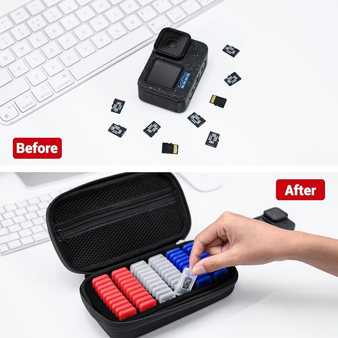 EVA PU Micro SD Card Case with 60 Individual Plastic TF Card Holders - Water-Resistant, Anti-Shock Carrying Organizer with Handle & Label - Image 8