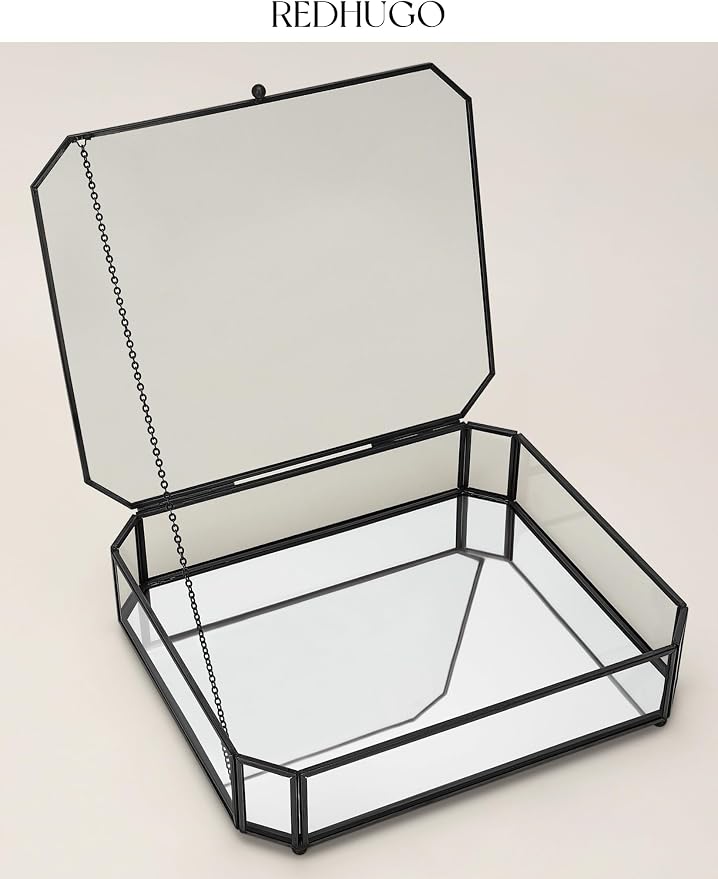 REDHUGO Large Glass Boxes for Display Handmade, Octagon, Black | Handmade Glass Jewelry Box with Mirrored Bottom and Lid, Ideal for Trinkets, Photos, Keepsakes and Vanity Decor - Image 3