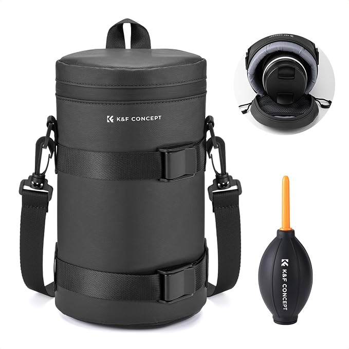 K&F CONCEPT Camera Lens Case, 3-Way Carry Pouch for Lens with Air Blower | For Lens Below 4.5" x 8.6" (D x H), 10mm Padding, Shockproof, Waterproof Zipper Lens Bag for DSLR SLR Cameras by KFCONCEPT