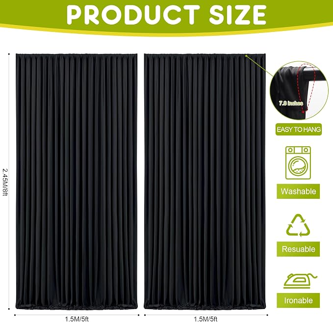 Black Backdrop Curtain for Wedding Parties Backdrop Drapes 10x8FT | Wrinkle Free Polyester Curtain Backdrop Black Draping Fabric for Backdrop Photoshoot Birthday Party Background,2 Panel 5x8FT - Image 2