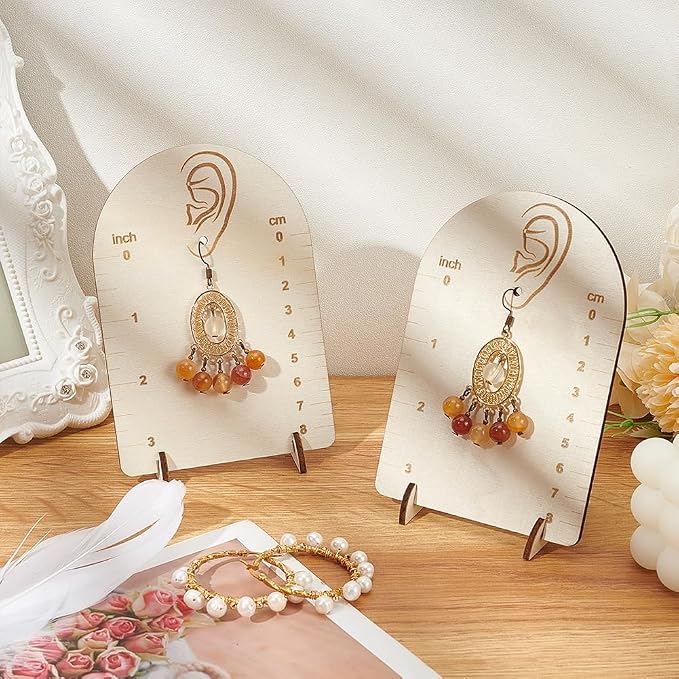 FINGERINSPIRE 2 Pcs Earring Measurement Display Stand 3.5x2x5 Floral White | Wood Ear Stud Stand Earring Organizer Frame with Measurement Arch-Shaped Earring Holder for Photos Measuring Selling Earring - Image 5