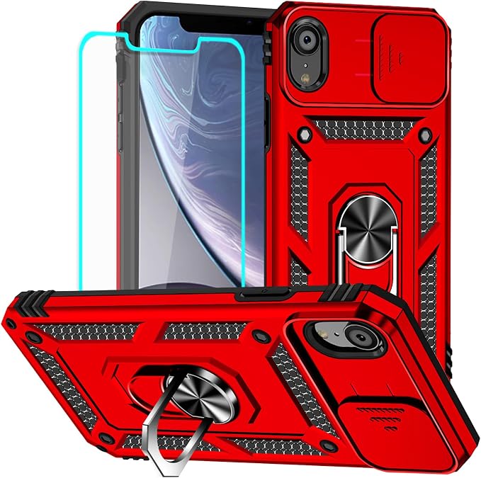 HNHYGETE for iPhone XR Phone Case with HD Screen Protector: [Military Grade 20ft. Drop Tested] Slide Camera Cover Ring Shockproof Protective Phone Case for - iPhone XR (Red) by HNHYGETE