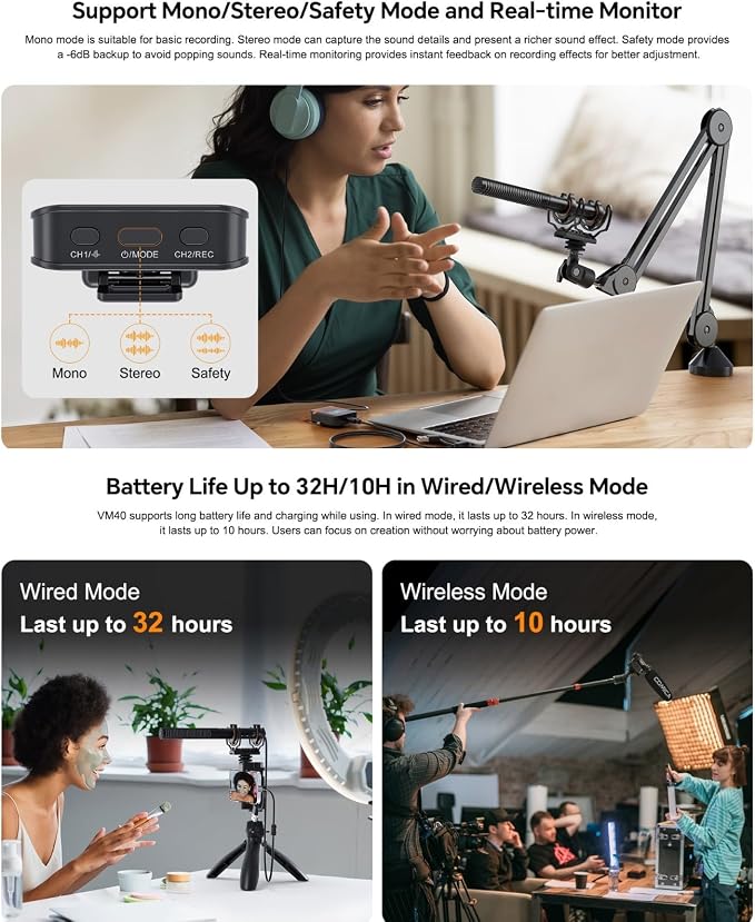 comica VM40 Wireless Shotgun Microphone,2.4G Super Cardioid Polar Pattern | 48kHz/32-bit Float Recording,Wired/Wireless Dual Modes,32G On-Board Recording for 40-Hour Storage - Image 8