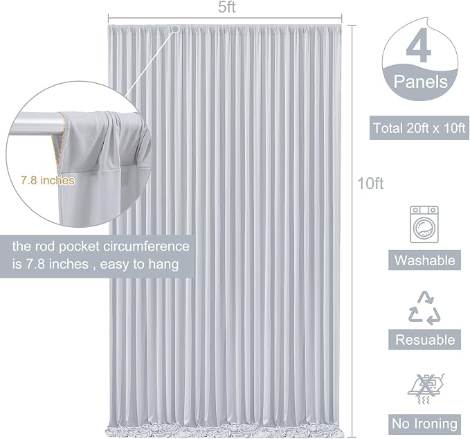 4 Panels Silver Grey Backdrop Curtain for Parties Wedding Wrinkle Free Silver Grey Photo Curtains Backdrop Drapes Fabric Decoration for Birthday Party Baby Shower 20ft(W) x 10ft(H) - Image 5