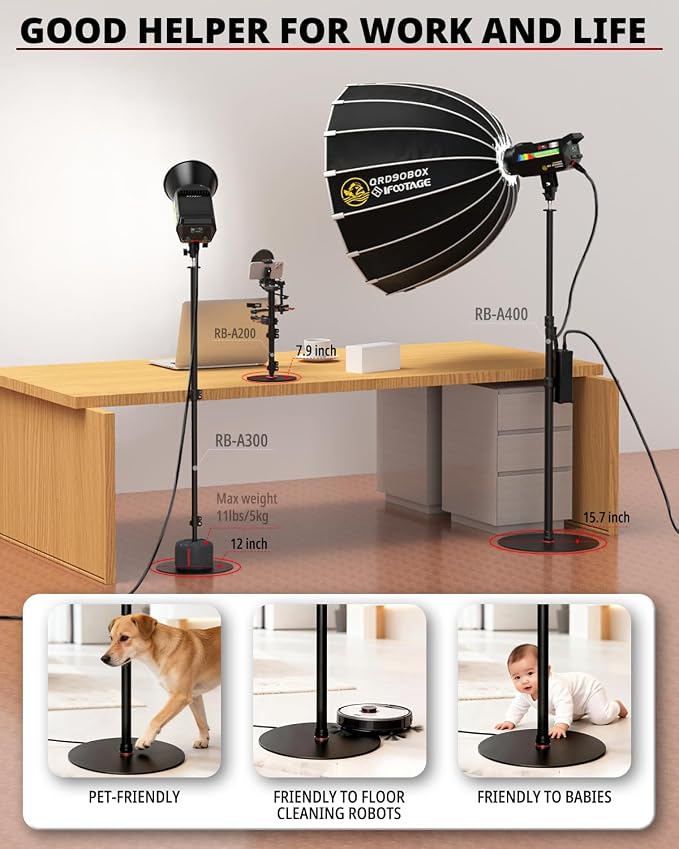 IFOOTAGE 2 Pack Round Base Monopod,15.75"/40cm Diameter,Max.Payload 22lbs/10KG,Aluminium Alloy Stable Structure, Height 30.28"/76.9cm~79.4"/201.6cm,for LED Video Light,2*RB-A400 - Image 4