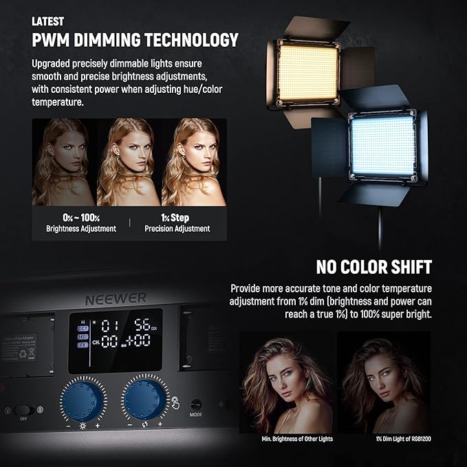 NEEWER RGB1200 RGB LED Video Light Panel with APP/2.4G Control, 60W Studio Photography Lighting 22000Lux@0.5m/1% Precise Min Dimming/360° Full Color/ CRI97+/TLCI98+/2500K-8500K/18 Effect with Barndoor - Image 3