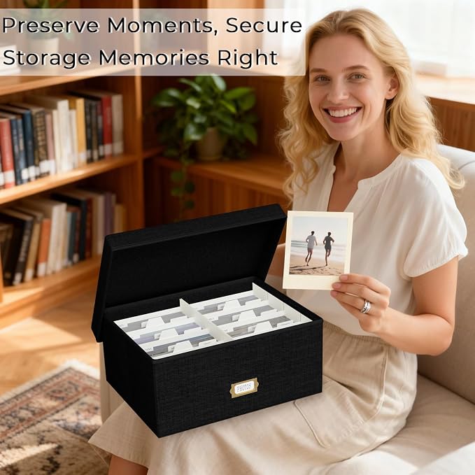 Decorative Photo Storage Box, Linen Photo Box Holds 1700 5x7 Pictures Black | Photo Storage Containers with 8 Dividers, Memory Keepsake Organizer for Photos, Scrapbook Supplies, Cards, Stamps,Archive Box - Image 5