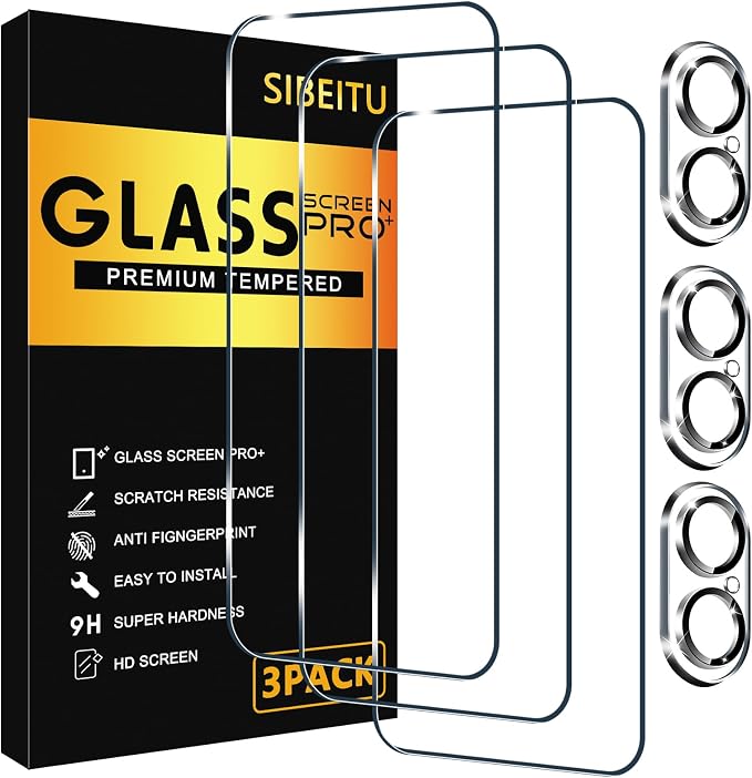 SIBEITU Screen Protector for iPhone 16 Plus 6.7 Inch Tempered Glass | 3 Pack Screen + 3 Pack Camera Lens Protector, HD Clear 9H Hardness, Scratch Resistant, Sensor Protection, Case Friendly by SIBEITU