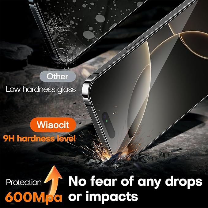 Wiaocit Tempered Glass Privacy Screen Protector for iPhone 16 Pro Max | 3+3 Pack, 9H Hardness, Camera Lens Protector, Installation Frame, Bubble Free, Case Friendly - Image 4