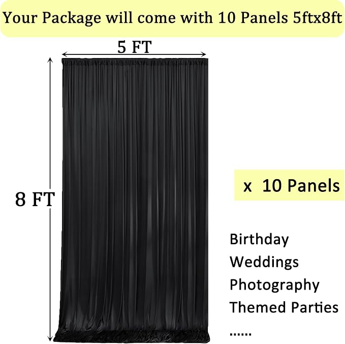 50ft x 8ft Wrinkle Free Black Backdrop Curtains for Parties, 10 Panels 5ftx8ft Polyester Photo Backdrop Drapes for Weddings Birthday Photography Background Curtains - Image 5