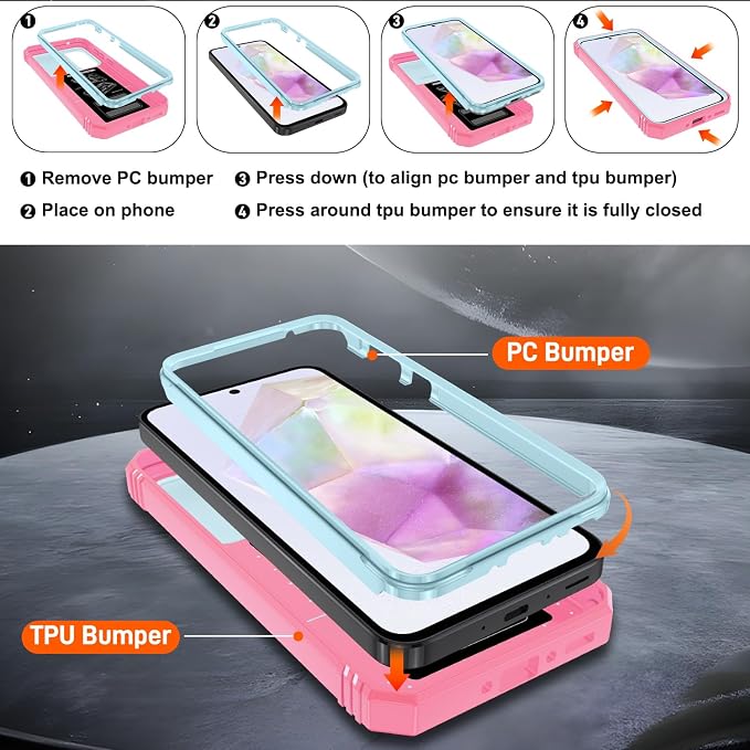 Gritup for Galaxy A35 5G Case Military-Grade Shockproof with Kickstand | with 2 PCS Screen Protector, Slide Camera Cover, Heavy Duty Outdoor Protection Funda para A 35 Phone Cover, Green+Pink - Image 3
