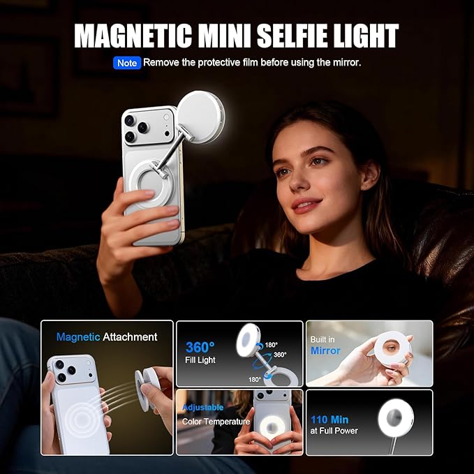 Magnetic Selfie Light, Phone Light Compatible with iPhone Magsafe | CRI97 360° LED Selfie Ring Fill Folding Light with Mirror for Selfies/Photography/TikTok/Zoom Calls/Video Conference - Image 3