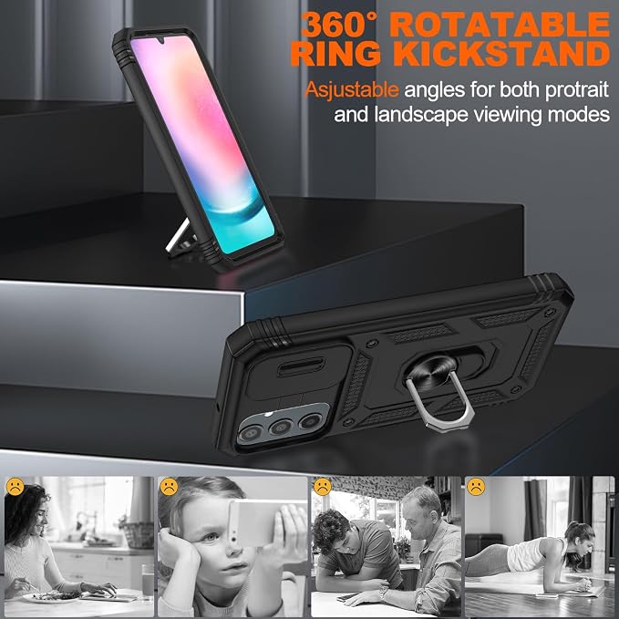 Fit for Samsung A24 Phone Case with 2PCS Screen Protector, Build in 360° Rotating Ring Kickstand, Military Grade Protective Case for Samsung A24 Case Phone, Black - Image 7