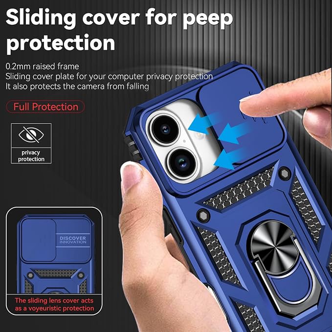 HNHYGETE for iPhone 16 Case with Screen Protector: [Military Grade 20ft. Drop Tested] Slide Camera Cover Ring Shockproof Protective Phone Case for - iPhone 16 (Blue) - Image 4