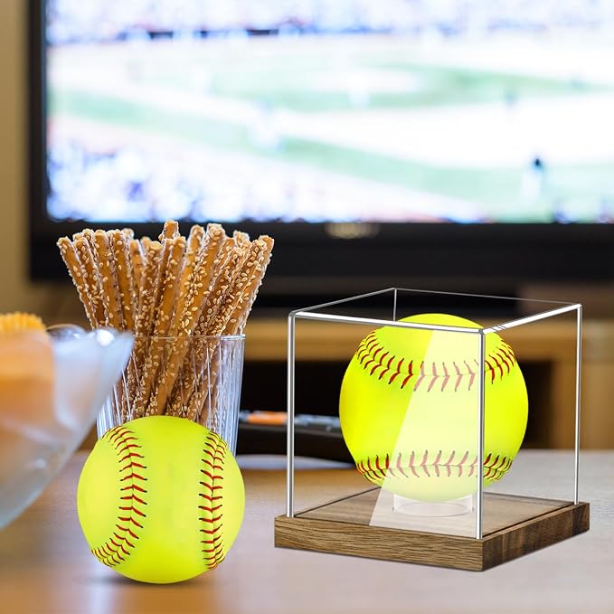 Clear Acrylic Softball Display Case with Wood Base, Memorabilia Stand Cube Holder, Dust Protection Transparent Storage Box for Single Ball Souvenir Softball Collections - Image 5