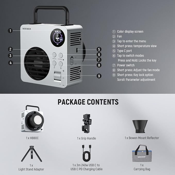 NEEWER HB80C RGBWW LED Video Light with Built-in 72Wh Battery & 100W PD Fast Charging, 80W Mini RGB COB Continuous Output Lighting Bowens Mount Handheld Spotlight 2500K-7500K, 10400lux/m, 18 Effects - Image 9