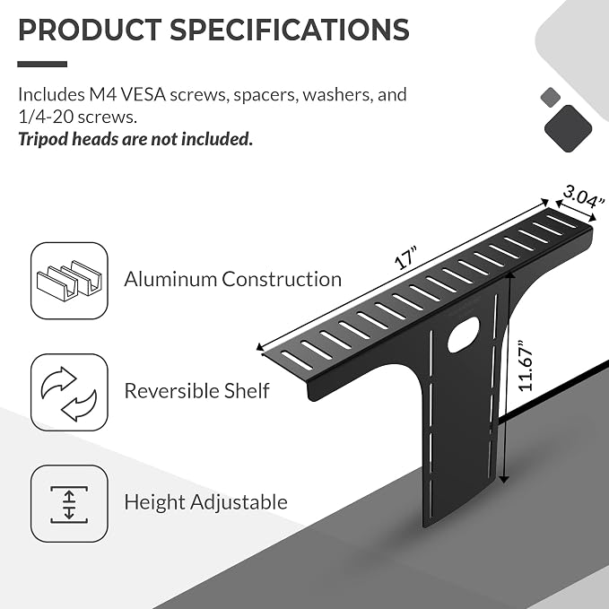 HumanCentric DSLR Monitor Mount Large, Desk Camera, Webcam & Mic Shelf | For Monitor VESA Arm, Replace Clamp Tripods, 100x100mm Patterns, Aluminum, Hardware Included, Light Mounting - Image 4