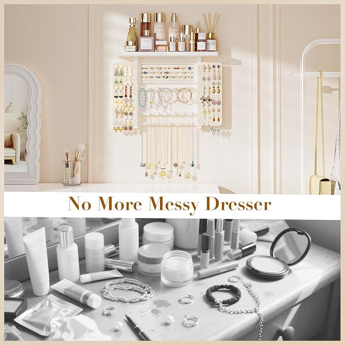 Emfogo Jewelry Organizer Hanging Wall Mounted Jewelry Holder, 5-in-1 Large Capacity Necklace Organizer Wall Hanging Jewelry Display for Ring, Necklaces, Bracelets, Earrings (White) - Image 5