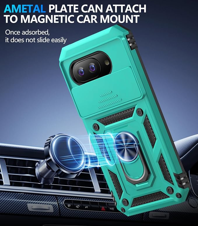 Taisairu for Google Pixel 10A Case with Screen Protector & Slide Camera Lens Cover,Built-in 360°Rotate Magnetic Ring Stand Shockproof Protective Phone Case for Google Pixel 10A Case (Mint Green) - Image 2