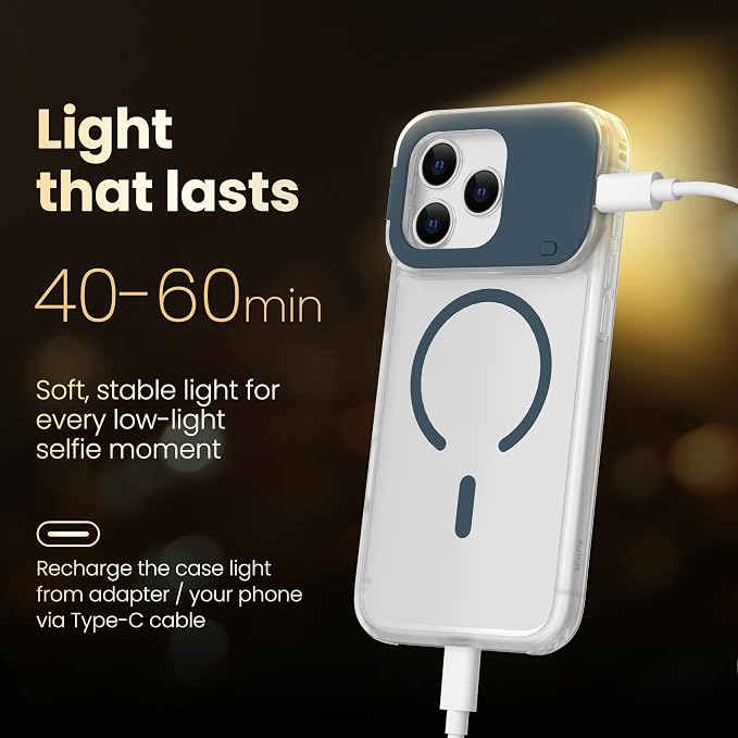 for iPhone 16 Case with Selfie Light, 3 Color Modes (Blue) | Compatible with MagSafe,Brightness Control, Memory Setting, USB-C Light Charging, Cable Included - Image 5