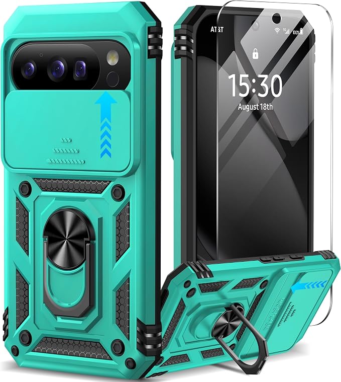 Taisairu for Google Pixel 10 Case/Pixel 10 Pro Case with Screen Protector & Slide Camera Lens Cover,Built-in Ring Stand Protective Phone Case for Pixel 10 Case/Google Pixel 10 Pro Case (Mint Green) by Taisairu