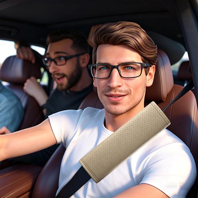 Beige Breathable PU Leather Seat Belt Covers - 2Pcs, Perforated Seat Belt Pads, Universal Fit for Car Truck SUV - Image 7