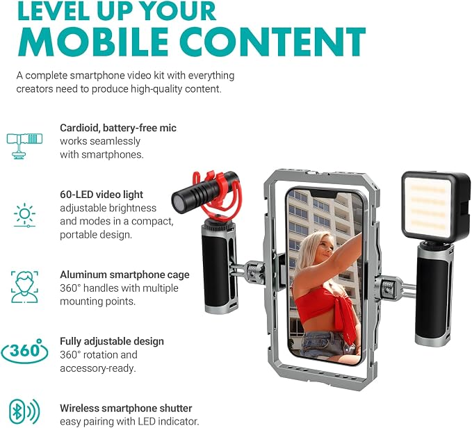 Movo iFilmer-PRO Smartphone Video Rig Kit | Stabilizer Cage, Dual Grips, VXR10 Shotgun Microphone, iPhone/Android - Image 5