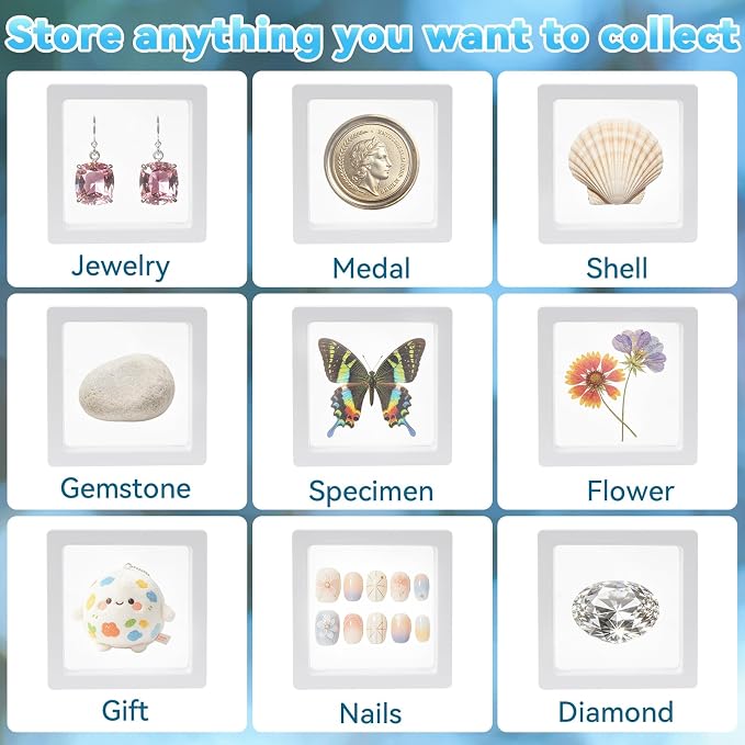 12 Pcs 3D Floating Frame Display Stand, Transparent Jewelry Gift Boxes | 2.75 x 2.75 x 0.8 Inch Small Jewelry Gift Boxes with PE Film, for Earrings Necklaces Rings Coins Specimens Crafts, White - Image 6