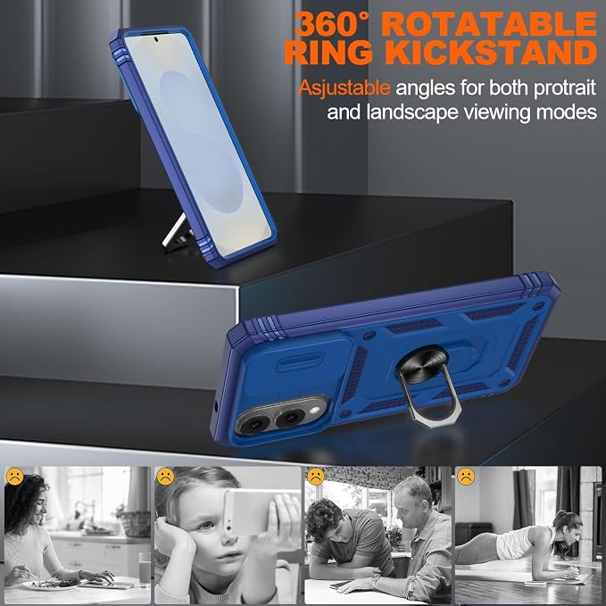 Gritup Fit for Samsung Galaxy S25 Edge Case with Slide Camera Cover | 2 Pcs Screen Protector, Build in 360° Rotating Ring Kickstand, Military Grade Protective Phone Case, Blue - Image 8