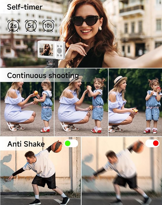 Digital Camera for Kids, FHD 1080P 44MP Point and Shoot Digital Camera with Face Detect, Smile Capture, 16X Zoom, 20 Filters, Anti Shake, 32GB SD Card White Compact Vintage Camera for Kids Boys Girls - Image 4