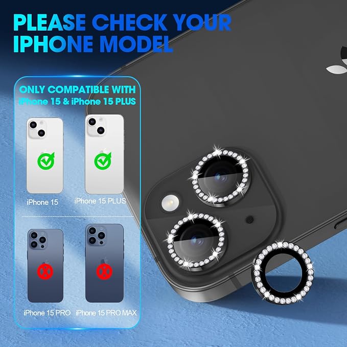 for iPhone 15/15 Plus Camera Lens Protector Bling Diamond, Black | Individual Metal, 9H Hardness, Scratch Resistant, Shockproof, Drop Protection, Case Friendly, Stylish Accessories - Image 2