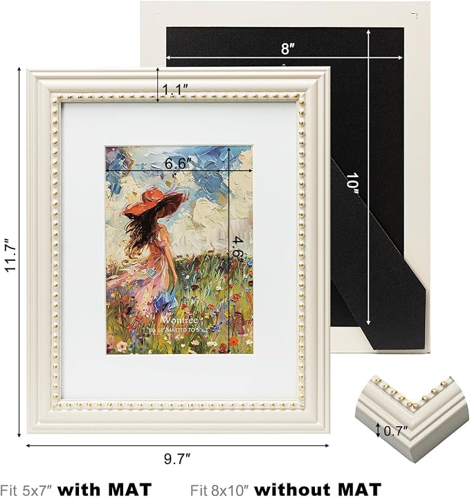 8x10 Picture Frame in Beige with Classic Gold Beaded Border, Solid Wood with Real Glass, Display 8x10 Photos Matted to 5x7, Vertical and Horizontal Desk Tabletop or Wall Hanging - Image 3