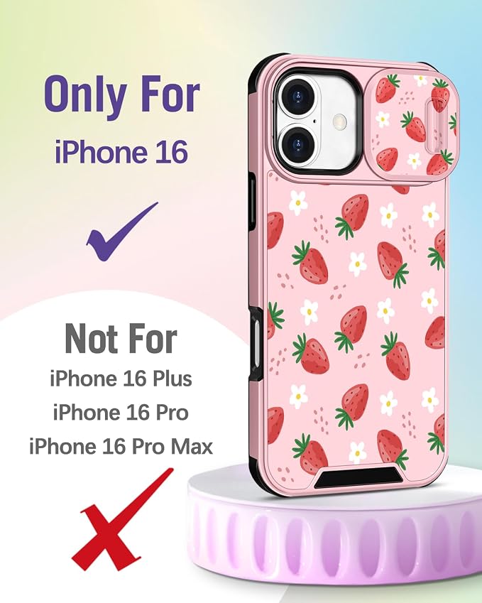 Buleens for iPhone 16 Case 6.1 Inch - with Ring Stand & Camera Cover Aesthetic Cute Designed for Women Girls Pretty Girly Kawaii Strawberry Teens Phone Case for iPhone 16 Compatible with Magsafe - Image 2