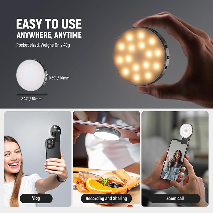 NEEWER Entry Level Version Magnetic Selfie Light Compatible with MagSafe iPhone, 1W Clip on Metal LED Phone Fill Ring Lighting for Laptop Video Conference Makeup Recording, CRI95+ 840lux/0.2m, NL32R - Image 7