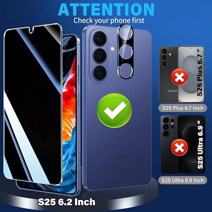 firtstnow 3 Pack Privacy Screen Protector for Samsung Galaxy S25 Tempered Glass + 2 Pack Camera Lens Protector, True 25°Anti Spy, 9H+ Hardness, Fingerprint Unlock, Case Friendly Bubble-Free 6.2 Inch - Image 7