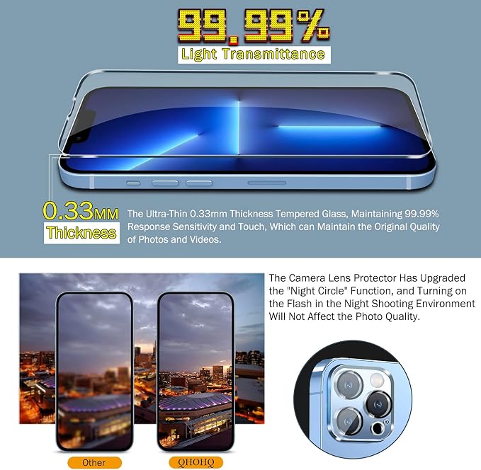 QHOHQ 3 Pack Screen Protector for iPhone 13 Pro Max 6.7" with 3 Pack Tempered Glass Camera Lens Protector, Ultra HD, 9H Hardness, Scratch Resistant, Easy Install - Case Friendly - Image 5