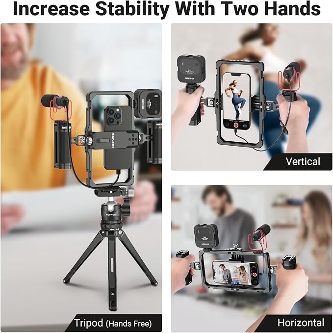 NEEWER Upgraded Phone Rig Vlogging Kit, Video Stabilizer with Dual Handle, Wireless Mic Clip Slot for TikTok YouTube, Compatible with SmallRig iPhone 17 Pro Max 16 16e 15 Galaxy S25 Ultra, PA009 - Image 7