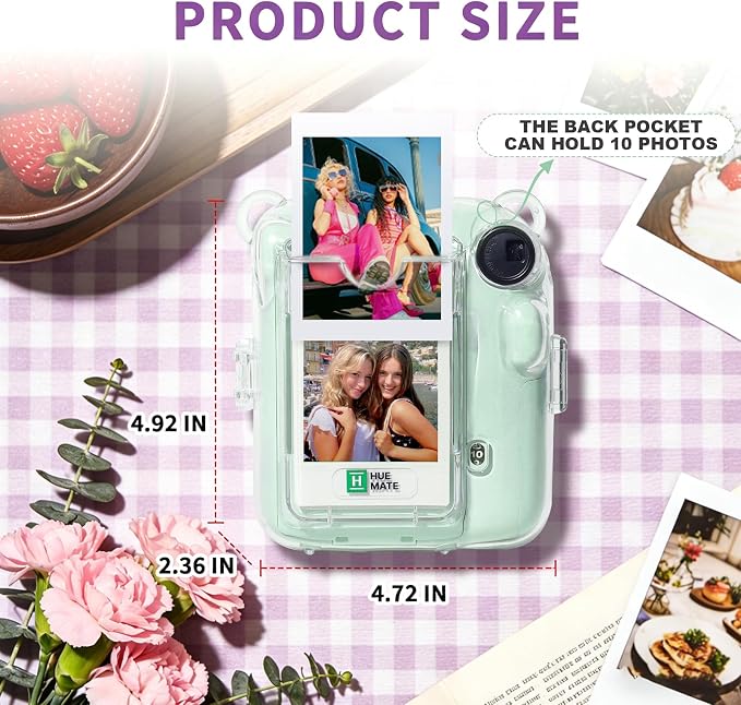Clear Camera Case for Fujifilm Instax Mini 12, Green Camera Strap | Protective Cover with Anti-Accidental Shutter, 4 Composition Cards, Photo Storage Holds 10 Films, Clear Hard Shell, No Camera - Image 3