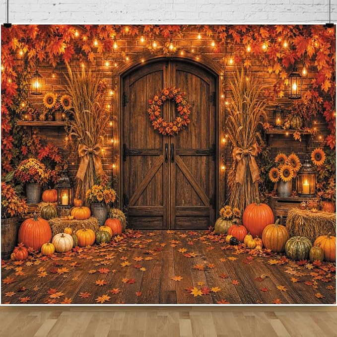 10x8ft Fall Thanksgiving Photo Backdrop Rustic Barn Wooden Door Backdrop | Autumn Brick Wall Maple Leaf String Light Photography Background Pumpkin Sunflower Haystack Harvest Party Decorations Banner by Leowefowa