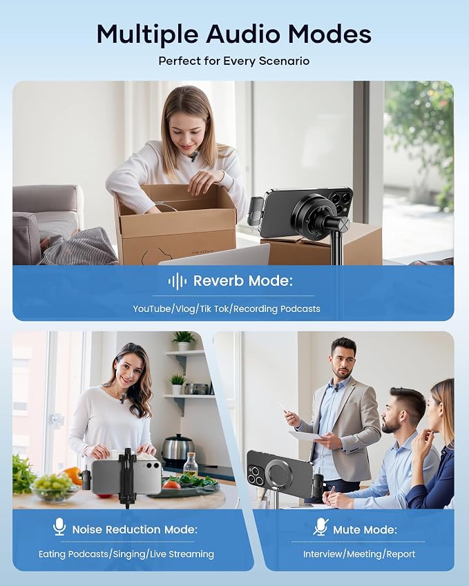 Wireless Microphone for iPhone iPad Android Phone and Camera, 2 Pack Wireless Lavalier Lapel Mic with Noise Reduction, 3 in 1 Mini Microphone for Video Recording Interview Podcast YouTube TikTok Vlog - Image 6