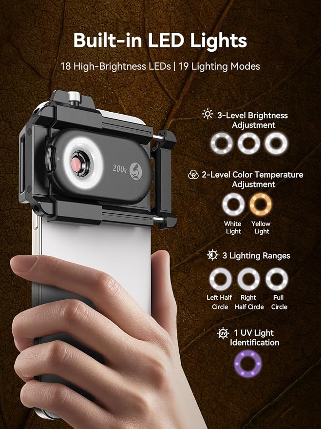 MIAO LAB 200X Phone Microscope Lens, Phone Camera Micro Lens with Universal Clip/LED Light/CPL, Mini Pocket Microscope Attachment for iPhone 17/16/15/14/13 Series and Most Smartphone MS200(200X) - Image 5