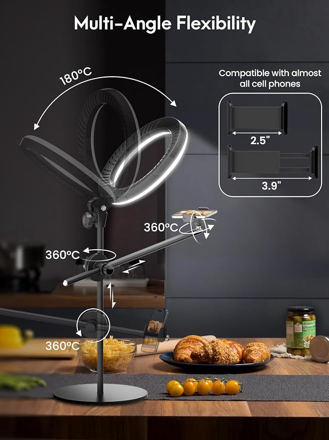 Selfie Ring Light with Stand and Phone Holder,Overhead Phone Mount with 10.5" Ring Lights,Desk Circle Lingt with Tripod Adjustable Shooting Arm for Video Recording,YouTube,TikTok,Live Streaming - Image 3