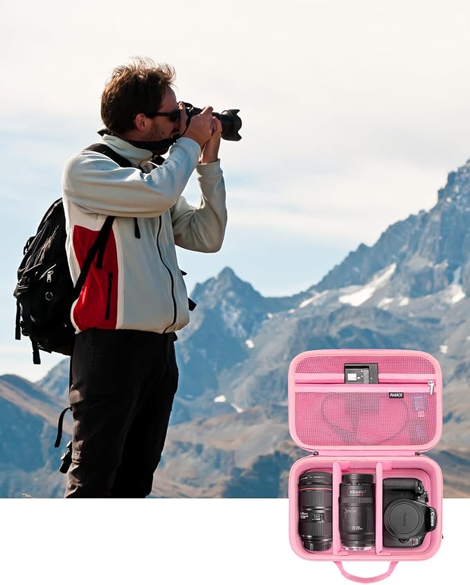 RAIACE Hard Carrying Case Compatible with Canon EOS Rebel T7/ T100/ T6/ R100/ R50/ R5/ R7/ R8, for Sony, for Nikon Camera. Large Capacity Camera Bag for Lens, Cables, Cards and Accessories. - Pink - Image 8