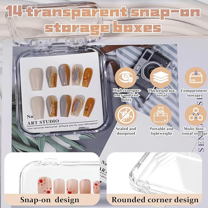 Press on nail storage 14 PCS Acrylic Nail Storage Box - Portable Versatile Organizer for Press - On Nails, Jewelry and More with 60 Pcs Adhesive Double Sided Tape - Image 3
