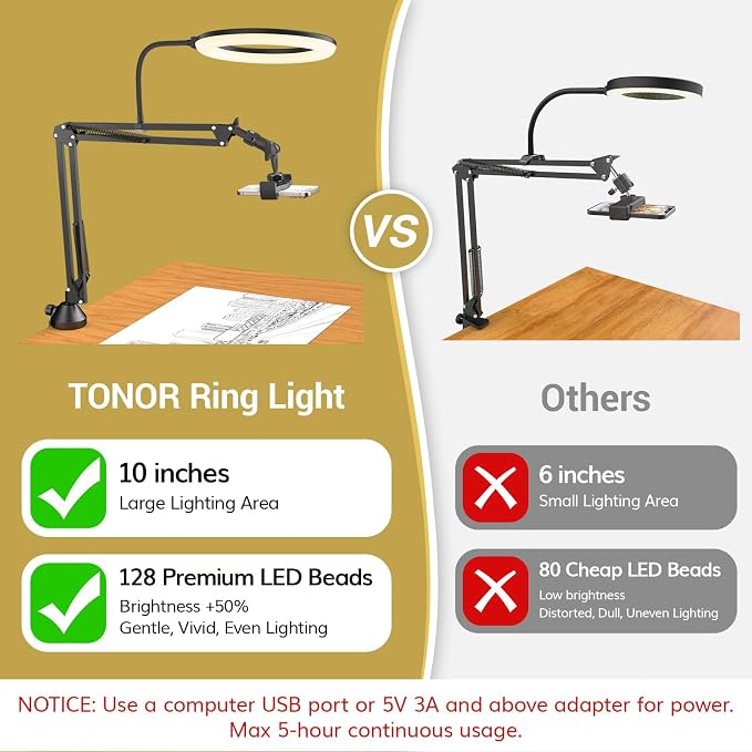 TONOR Overhead Ring Light Kit, 10" Ringlight with Heayy Duty Boom Arm and Phone Holder, Adjustable Angle, Suitable for Video Recording, Live Stream, Drawing, Makeup Nail - Image 2