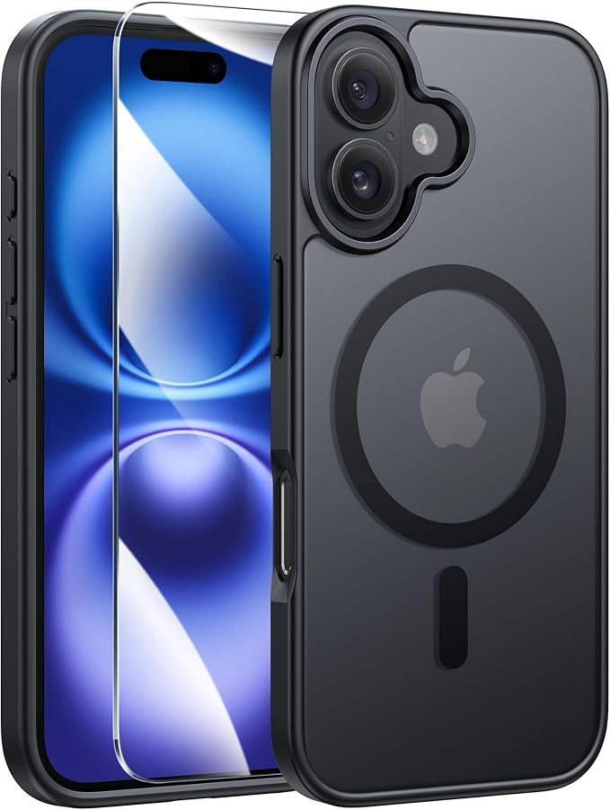 FNTCASE for iPhone 16 Case, Fit for Magsafe, Screen Protector, Black | Translucent Matte Magnetic Back, 14FT Military Grade Drop Protection, Shockproof Protective Phone Cover by FNTCASE
